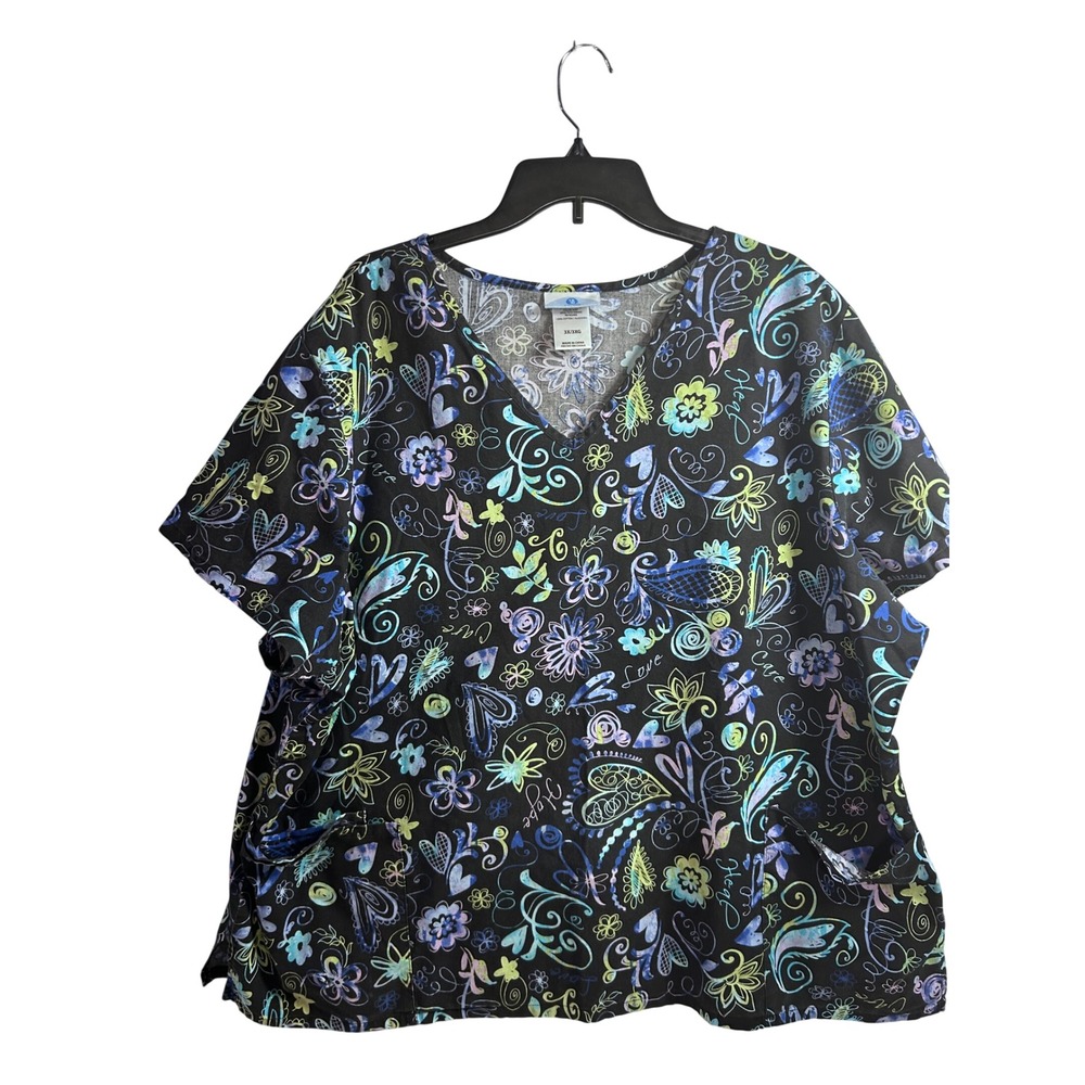 SB Scrubs Scrub Top 3X Black Floral Heart Paisley Cotton Women